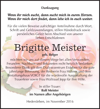 Traueranzeige von Brigitte Meister von Mitteldeutsche Zeitung Mansfelder Land