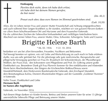 Traueranzeige von Brigitte Helene Barth von Mitteldeutsche Zeitung Mansfelder Land