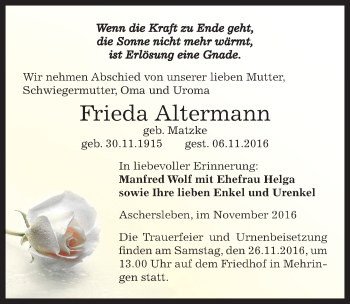 Traueranzeige von Frieda Altermann von Mitteldeutsche Zeitung Aschersleben