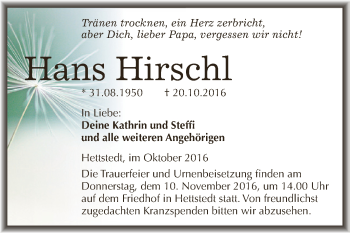 Traueranzeige von Hans Hirschl von Wochenspiegel Mansfelder Land