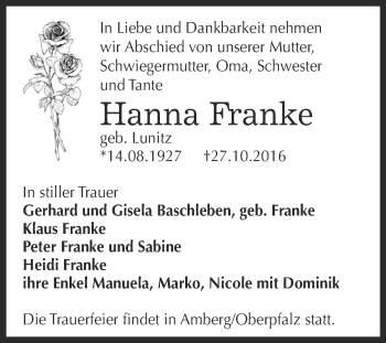 Traueranzeige von Hanna Franke von Super Sonntag Bernburg