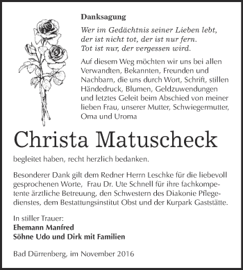 Traueranzeige von Christa Matuscheck von Super Sonntag Merseburg