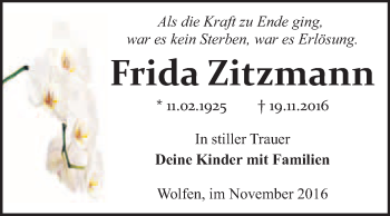 Traueranzeige von Frida Zitzmann von WVG - Wochenspiegel Bitterfeld