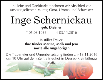 Traueranzeige von Inge Schernickau von WVG - Wochenspiegel Dessau / Köthen