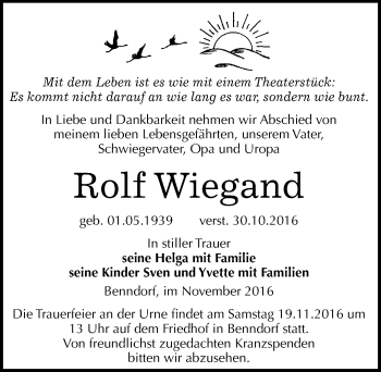 Traueranzeige von Rolf Wiegand von Mitteldeutsche Zeitung Mansfelder Land