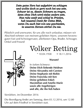 Traueranzeige von Volker Retting von Mitteldeutsche Zeitung Mansfelder Land