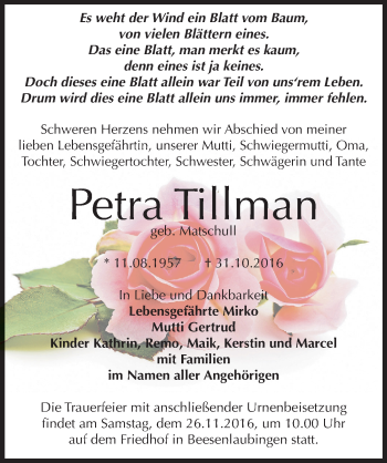 Traueranzeige von Petra Tillman von Mitteldeutsche Zeitung Bernburg