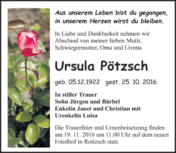 Traueranzeige von Ursula Pötzsch von Mitteldeutsche Zeitung Bitterfeld