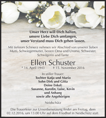 Traueranzeige von Ellen Schuster von WVG - Wochenspiegel NMB / WSF / ZTZ
