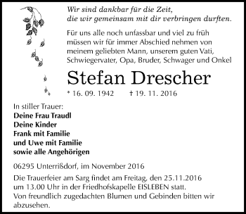 Traueranzeige von Stefan Drescher von Mitteldeutsche Zeitung Mansfelder Land