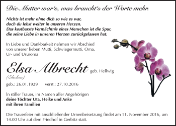 Traueranzeige von Elsa Albrecht von Mitteldeutsche Zeitung Bernburg