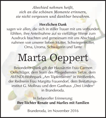 Traueranzeige von Marta Oeppert von WVG - Wochenspiegel Merseburg