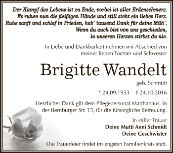 Traueranzeige von Brigitte Wandelt von WVG - Wochenspiegel Dessau / Köthen