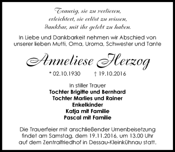 Traueranzeige von Anneliese Herzog von Mitteldeutsche Zeitung Dessau-Roßlau