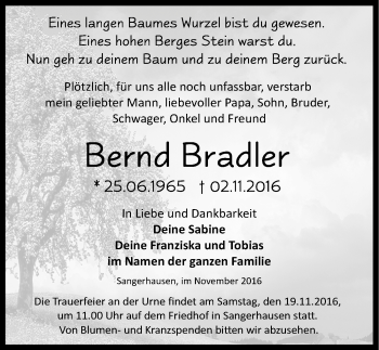 Traueranzeige von Bernd Bradler von Mitteldeutsche Zeitung Sangerhausen