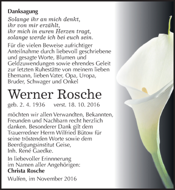 Traueranzeige von Werner Rosche von Mitteldeutsche Zeitung Köthen