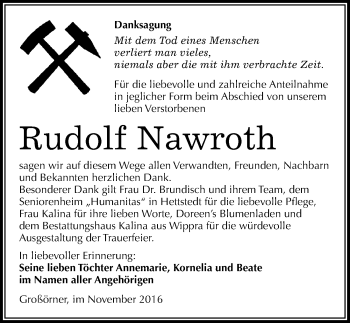 Traueranzeige von Rudolf Nawroth von Mitteldeutsche Zeitung Mansfelder Land