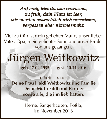 Traueranzeige von Jürgen Weitkowitz von Super Sonntag SGH Mansf. Land