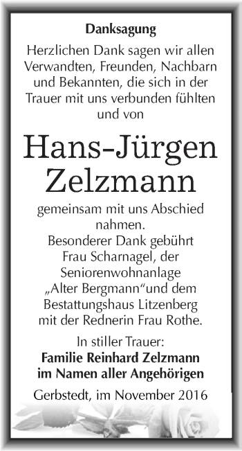 Traueranzeige von Hans-Jürgen Zelzmann von Wochenspiegel Mansfelder Land