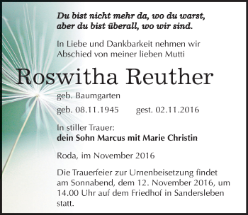 Traueranzeige von Roswitha Reuther von Mitteldeutsche Zeitung Mansfelder Land