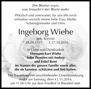 Traueranzeige von Ingeborg Wiehe von Mitteldeutsche Zeitung Bernburg