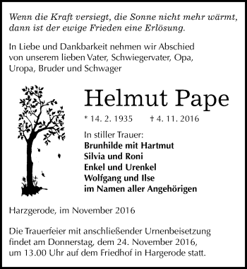 Traueranzeige von Helmut Pape von Mitteldeutsche Zeitung Quedlinburg