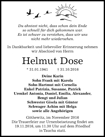 Traueranzeige von Helmut Dose von Mitteldeutsche Zeitung Weißenfels
