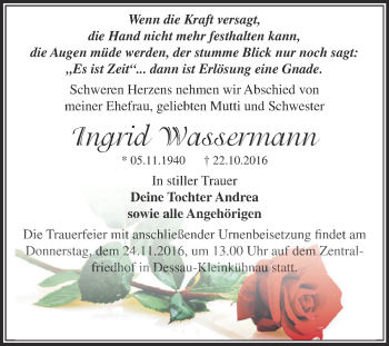 Traueranzeige von Ingrid Wassermann von WVG - Wochenspiegel Dessau / Köthen