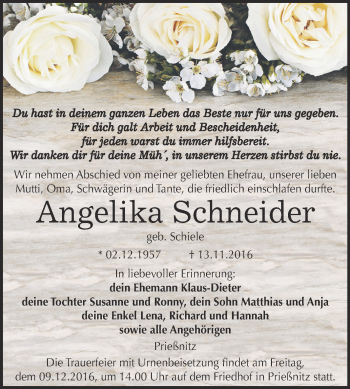 Traueranzeige von Angelika Schneider von WVG - Wochenspiegel NMB / WSF / ZTZ