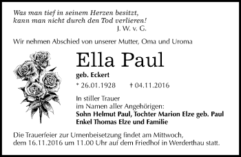 Traueranzeige von Ella Paul von Mitteldeutsche Zeitung Halle/Saalkreis