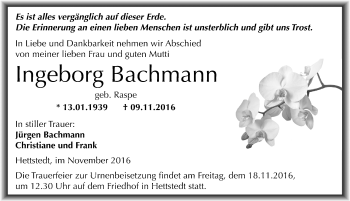 Traueranzeige von Ingeborg Bachmann von Mitteldeutsche Zeitung Mansfelder Land