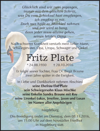 Traueranzeige von Fritz Plate von Mitteldeutsche Zeitung Naumburg/Nebra