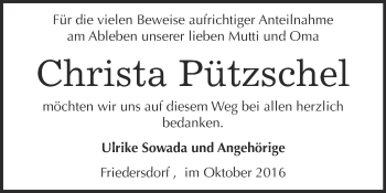 Traueranzeige von Christa Pützschel von WVG - Wochenspiegel Bitterfeld
