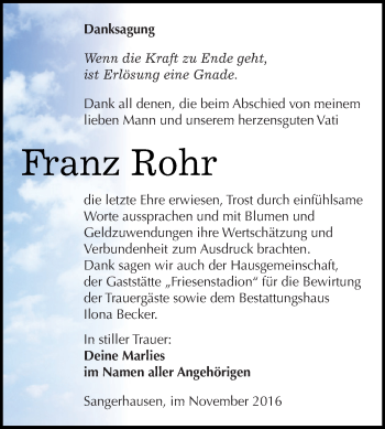 Traueranzeige von Franz Rohr von Super Sonntag SGH Mansf. Land