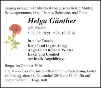 Traueranzeige von Helga Günther von Mitteldeutsche Zeitung Sangerhausen