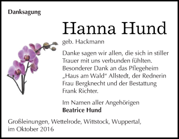 Traueranzeige von Hanna Hund von Super Sonntag SGH Mansf. Land