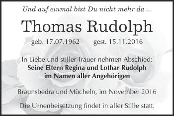 Traueranzeige von Thomas Rudolph von WVG - Wochenspiegel Merseburg
