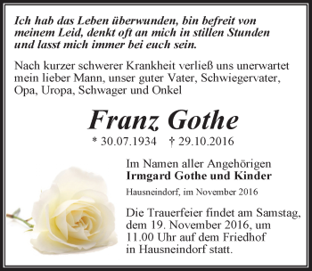 Traueranzeige von Franz Gothe von Mitteldeutsche Zeitung Quedlinburg