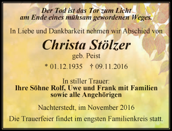 Traueranzeige von Christa Stölzer von Mitteldeutsche Zeitung Aschersleben