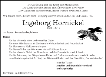 Traueranzeige von Ingeborg Hornickel von WVG - Wochenspiegel NMB / WSF / ZTZ