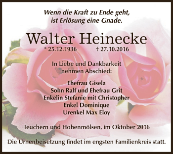 Traueranzeige von Walter Heinecke von WVG - Wochenspiegel NMB / WSF / ZTZ
