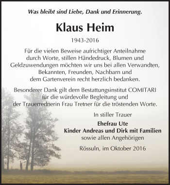 Traueranzeige von Klaus Heim von Mitteldeutsche Zeitung Weißenfels