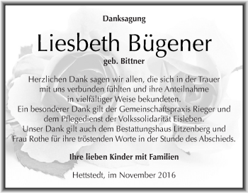 Traueranzeige von Liesbeth Bügener von Wochenspiegel Mansfelder Land