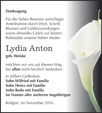 Traueranzeige von Lydia Anton von WVG - Wochenspiegel Bitterfeld