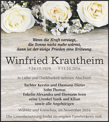 Traueranzeige von Winfried Krautheim von WVG - Wochenspiegel NMB / WSF / ZTZ