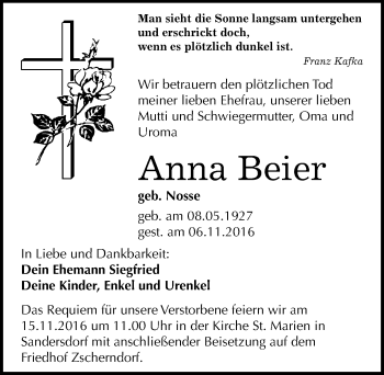 Traueranzeige von Anna Beier von Mitteldeutsche Zeitung Bitterfeld