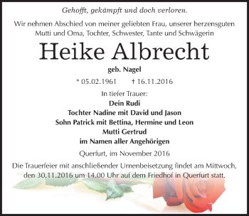 Traueranzeige von Heike Albrecht von Mitteldeutsche Zeitung Merseburg/Querfurt