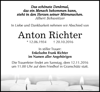 Traueranzeige von Anton Richter von Mitteldeutsche Zeitung Weißenfels