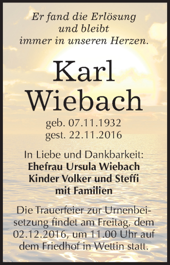 Traueranzeige von Karl Wiebach von Mitteldeutsche Zeitung Halle/Saalkreis