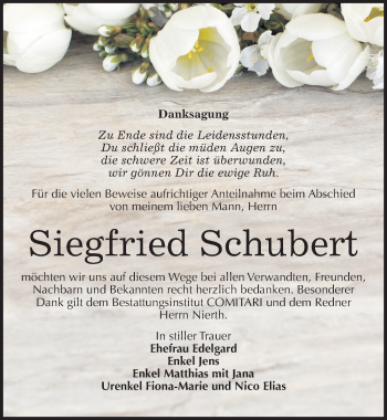 Traueranzeige von Siegfried Schubert von Mitteldeutsche Zeitung Weißenfels
